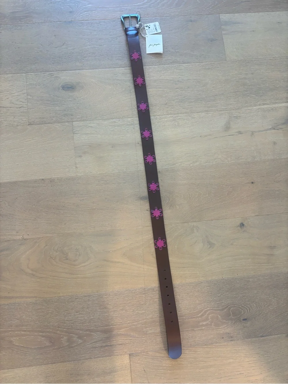 Free People Sonny Studded Leather Belt M-L Flower Power Brown Pink NWT Silver